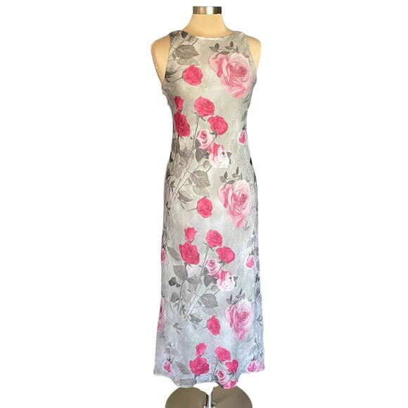 VTG Dressbarn Sage Rose Floral Maxi Dress Crinkle Chiffon Sz 8 Fairy Cottage - Picture 2 of 10